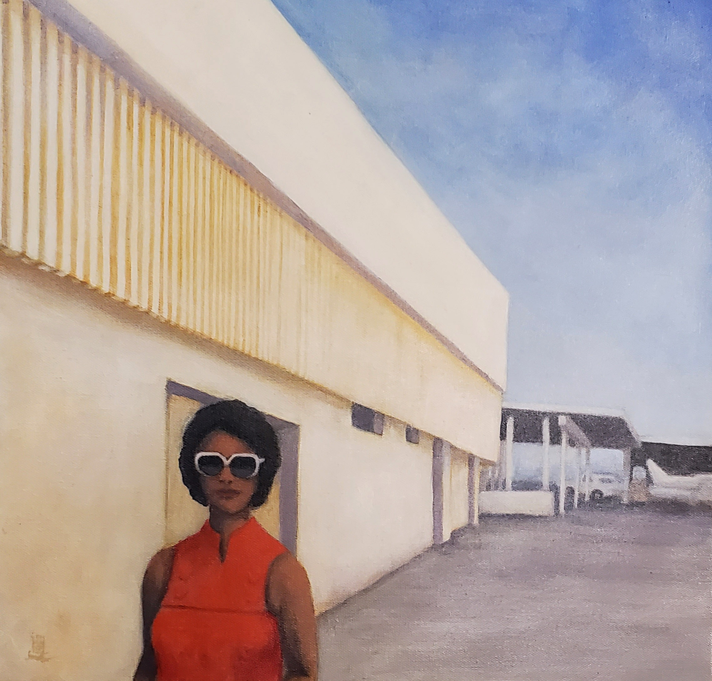 painting of a woman walking away from a tarmac