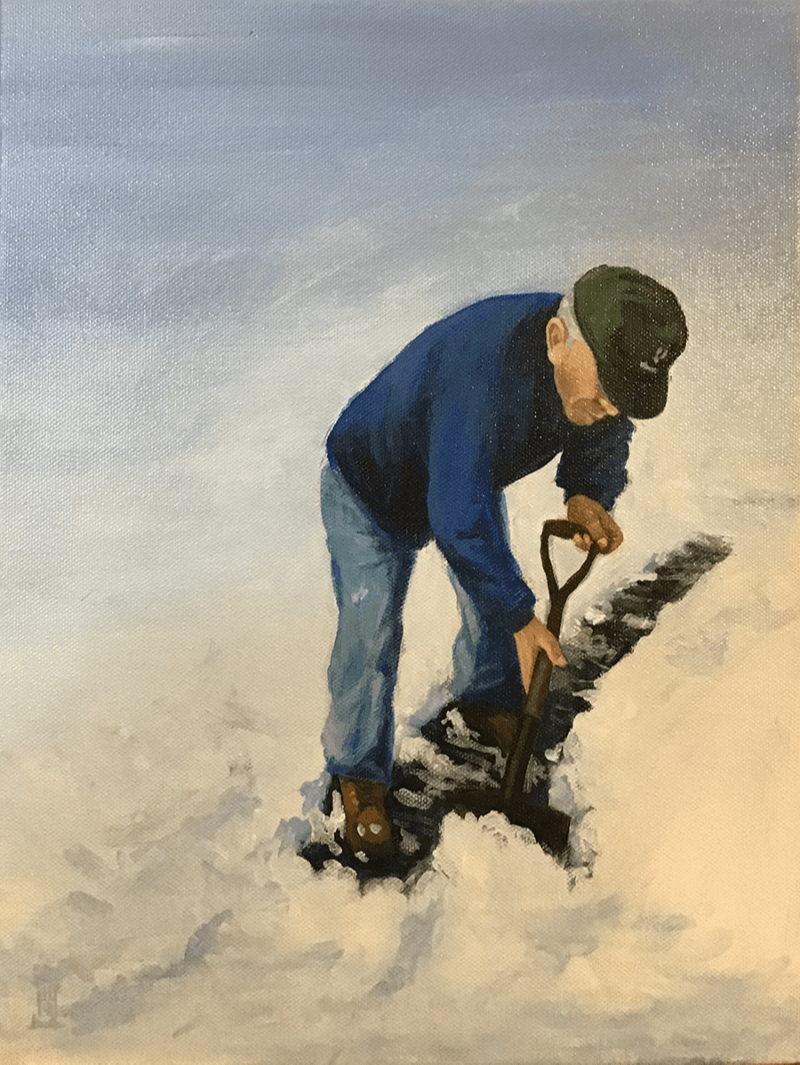 painting of a man shoveling snow