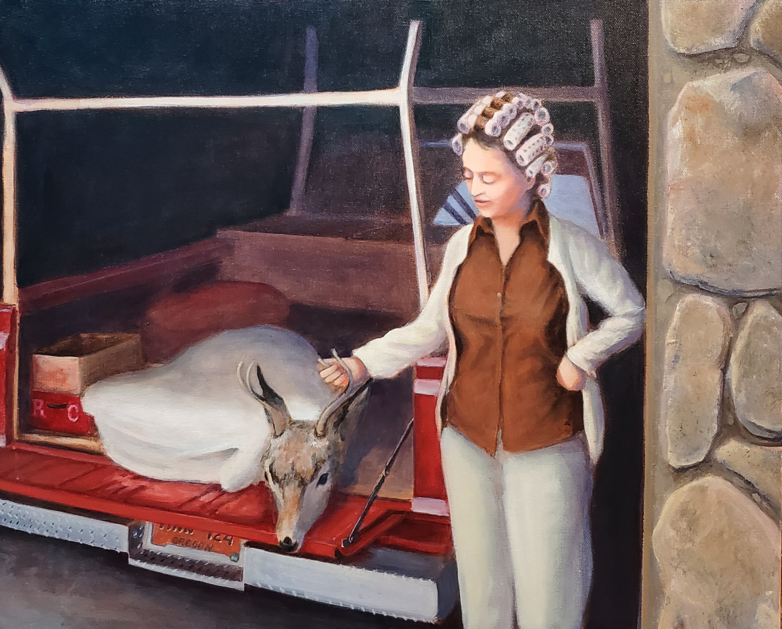painting of a woman in hair rollers, holding the antler of a dead deer wrapped in a white blanket in the bed of a red pick up truck.