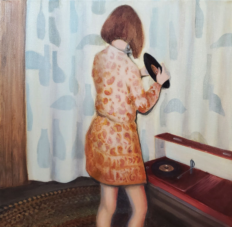 painting of a woman with back to viewer, standing in front of a record player holding an album