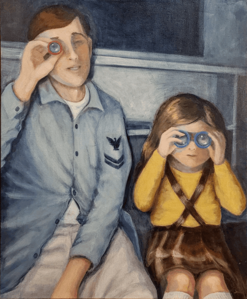 father and daughter playing, looking through toy binoculars