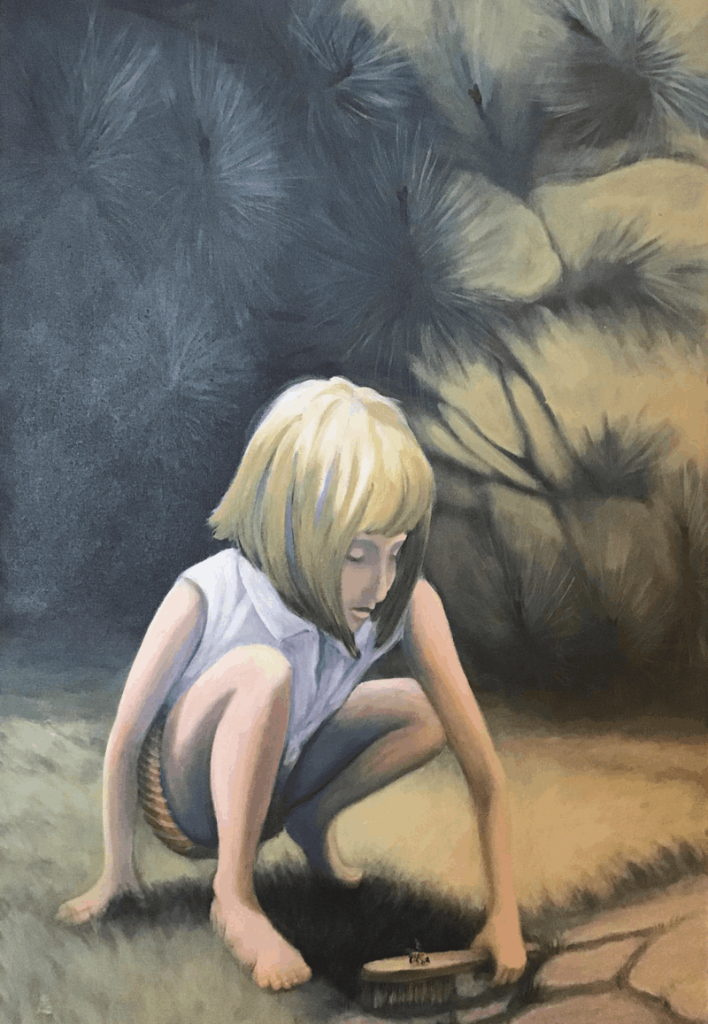 painting of a girl crouched and sweeping a flagstone path